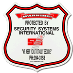 Red bordered badge shaped security sign
