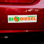 Green and orange on white vinyl BioDiesel bumper sticker on car