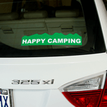 Green on white vinyl custom shape Happy Camping bumper sticker on car