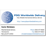 Blue circle graphic on white paper PDQ Worldwide Delivery business card sticker