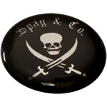 Black skull and swords on shiny silver circle Spag & Co domed label