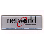 Black and red on shiny silver rectangle Networld Communications domed label