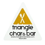 Yellow fork and knife blockout on white vinyl triangle for Triangle Char & Bar weatherproof label sample