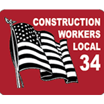 Red and black flag on white vinyl rectangle Local 34 hard hat decal