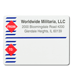 Red diamond and blue line design Worldwide Militaria mailing & shipping label sample