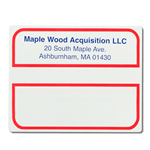 Red outline and blue text Maple Wood Acquisition mailing & shipping label sample