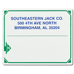 Green triangle arrow outline design with Blue text Southeastern Jack Co mailing & shipping label sample
