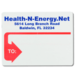 Red thick arrow outline design with blue text Health N Energy mailing & shipping label sample