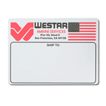 Black and red logo and flag on white WESTAR custom mailing & shipping label sample