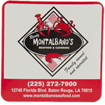 Red and black seafood logo on white square Montalban's Seafood and Catering custom roll label sample