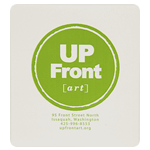 Green circle logo and address on white square UP Front art custom roll label sample
