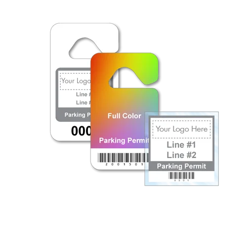 Custom hanging parking permits and a parking decal, featuring spaces for logos, barcodes, and customizable text