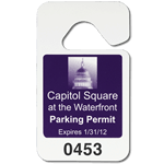 Purple capitol graphic on white Capitol Square hang tag parking permit with sequential numbering