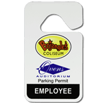 Multi spot color on white Bojangles Coliseum Employee hang tag parking permit