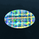 Sample of an oval shape label with text printed on Hyper Plaid Pattern material