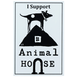 Black dog on house logo on white rectangle I Support Animal House custom static cling decal sample