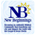 Blue NB and yellow sun logo on clear square New Beginnings custom static cling decal sample
