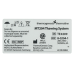 Black ink on clear Lexan rectangle thermogenesis thermoline thawing system UL label sample