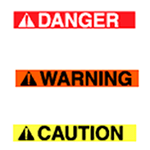 Red danger, orange warning, and yellow caution warning labels