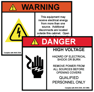 Custom warning and caution labels featuring illustration and warning text