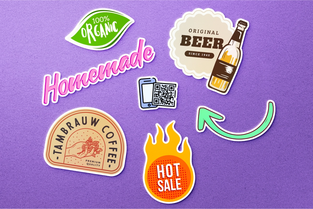 Assortment of custom business stickers, offering a personalized branding touch for promotional materials and packaging.